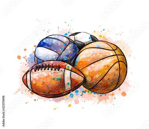 Sport balls collection football basketball volleyball from a splash of watercolor