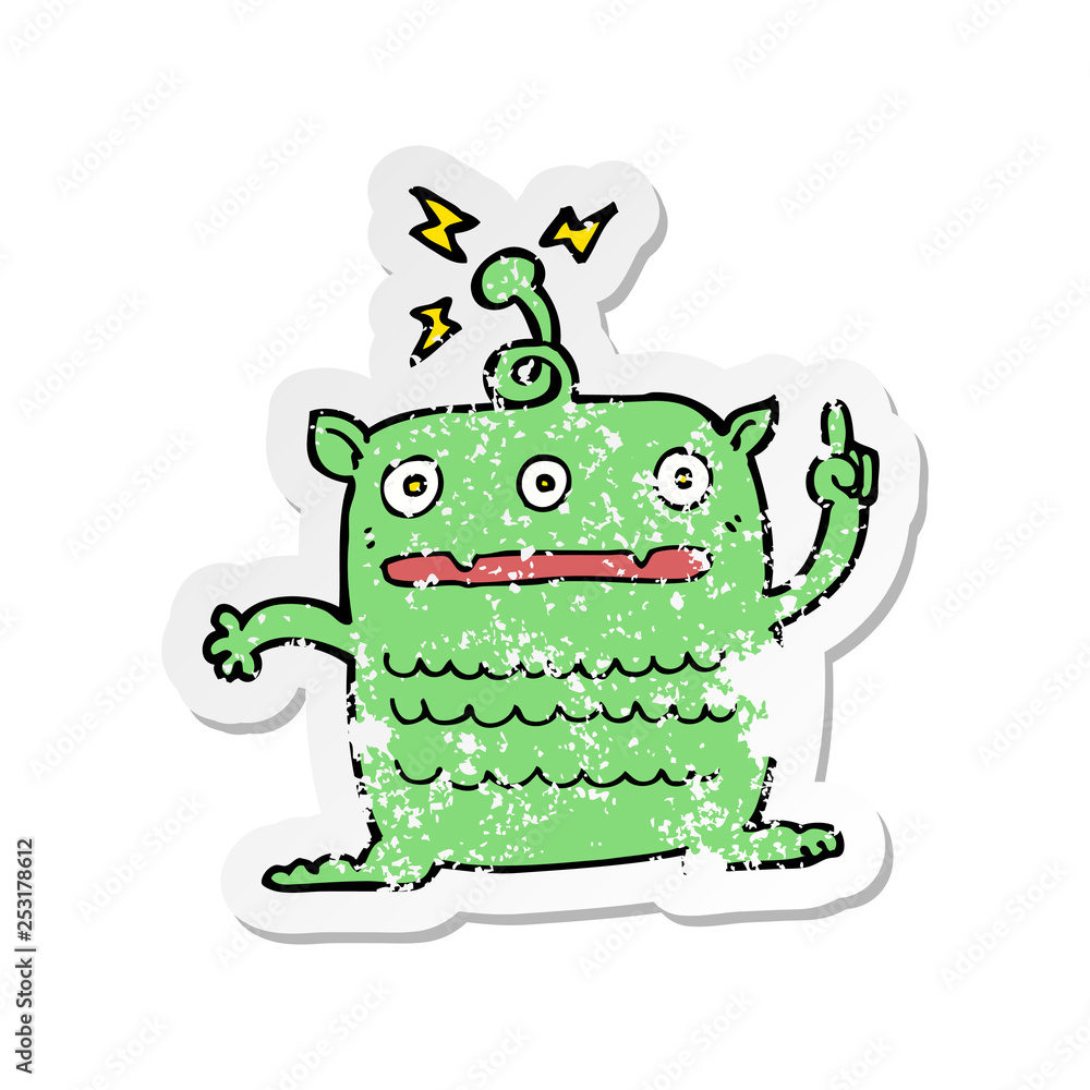retro distressed sticker of a cartoon weird little alien retro distressed sticker of a cartoon weird little alien