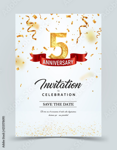 Invitation card template of 5 years anniversary with abstract text vector illustration. Greeting card template