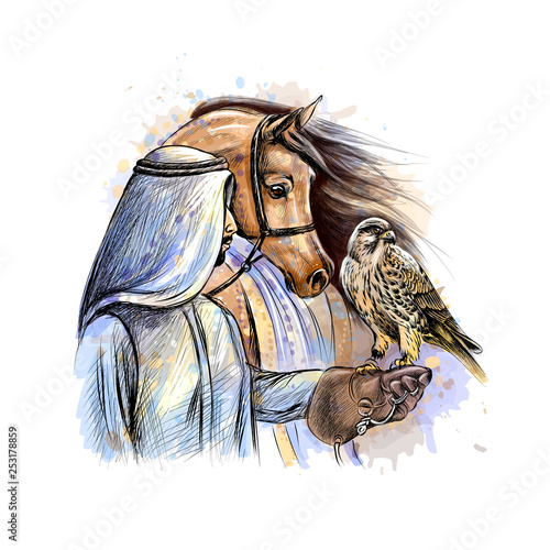 Arabian man with a falcon and a horse from a splash of watercolor