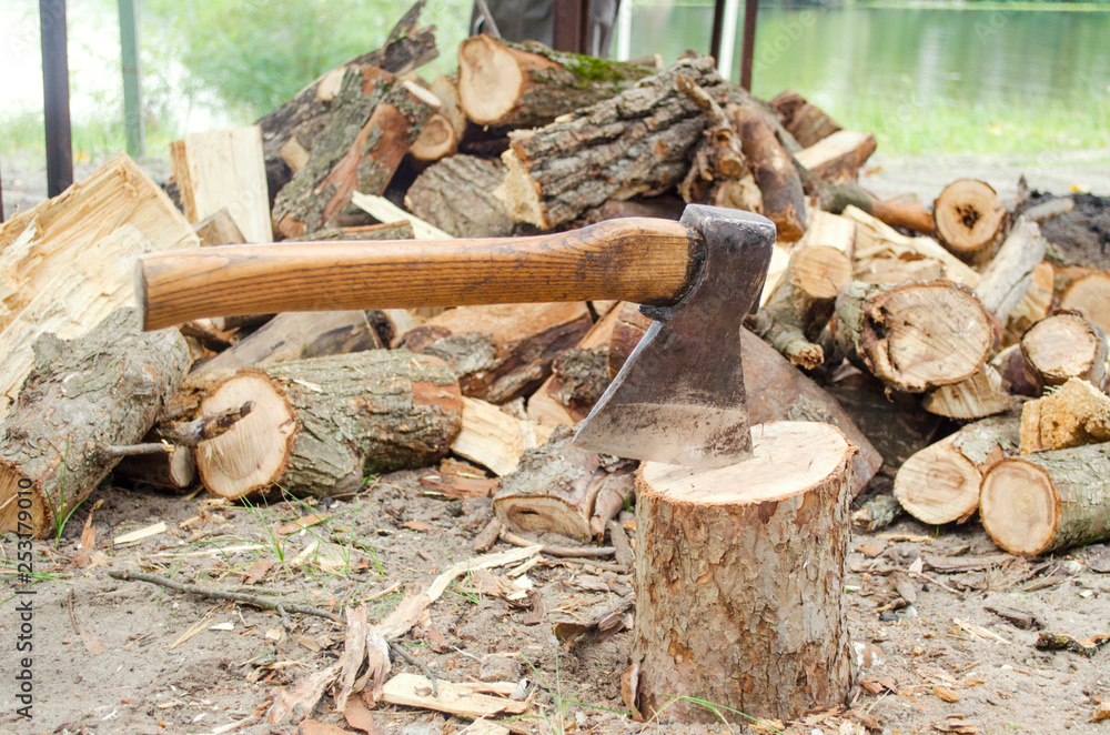 Axe in stump. Axe ready for cutting timber.Woodworking tool. Lumberjack axe in wood, chopping timber. Travel, adventure, camping gear, outdoors items Axe in stump. Axe ready for cutting timber.Woodworking tool. Lumberjack axe in wood, chopping timber. Travel, adventure, camping gear, outdoors items