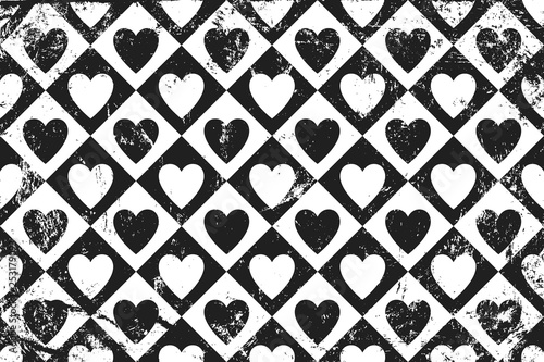 Grunge pattern with circus icons of hearts. Horizontal black and white backdrop.