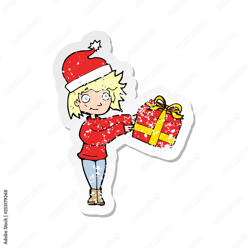 retro distressed sticker of a cartoon woman ready for christmas retro distressed sticker of a cartoon woman ready for christmas