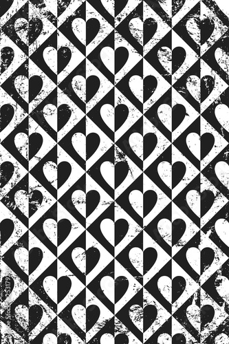 Grunge pattern with circus icons of hearts. Vertical .black and white backdrop.