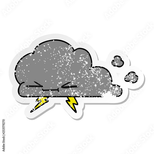 distressed sticker cartoon of a grumpy lightening cloud