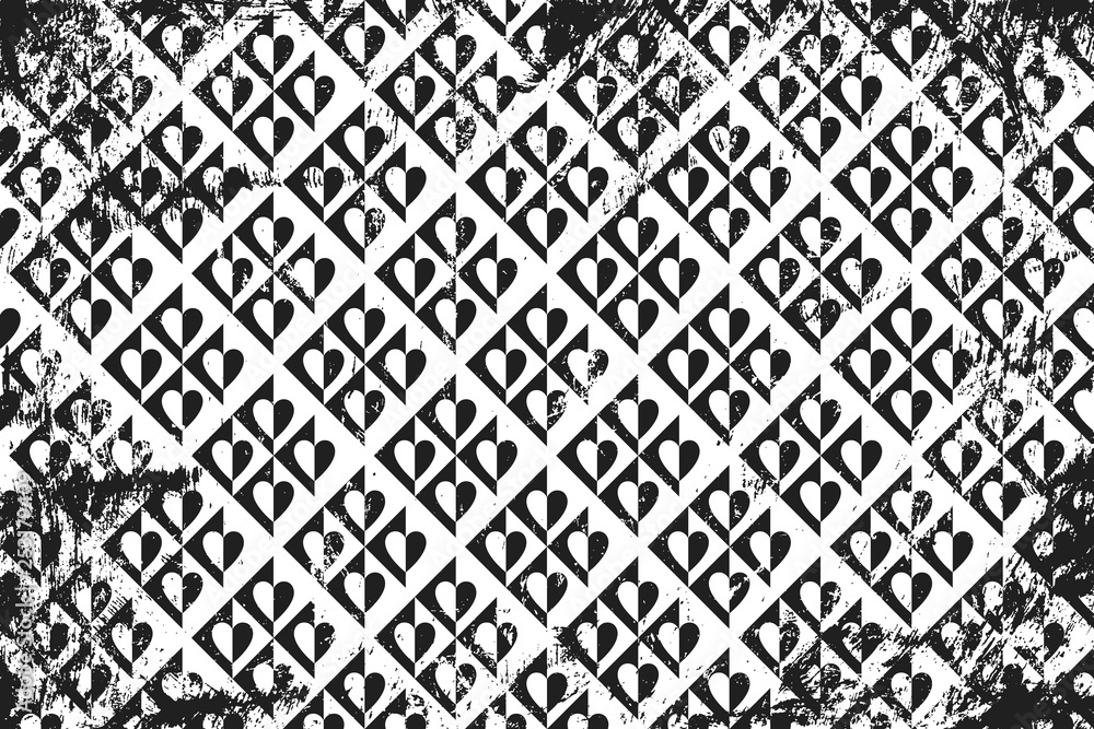 Grunge pattern with geometric icons of hearts. Horizontal black and white backdrop.