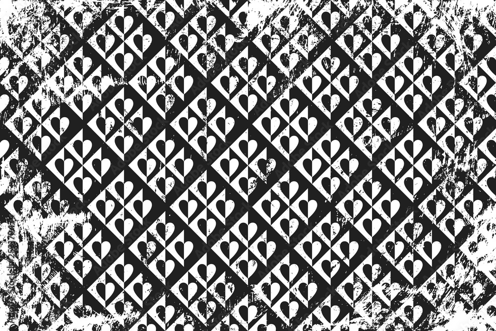 Grunge pattern with geometric icons of hearts. Horizontal black and white backdrop. Grunge pattern with geometric icons of hearts. Horizontal black and white backdrop.
