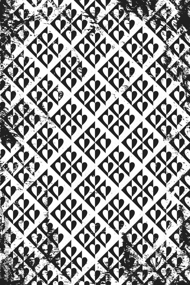 Grunge pattern with geometric icons of hearts. Vertical black and white backdrop.