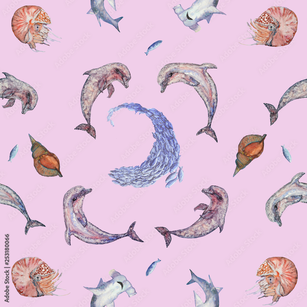 Seamless pattern of hand painted mixed media fish, dolphins, hammerhead sharks and nautilus molluscs Seamless pattern of hand painted mixed media fish, dolphins, hammerhead sharks and nautilus molluscs