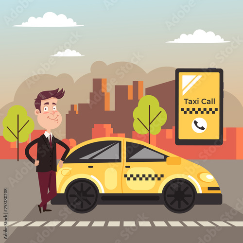 Happy smiling driver character standing near yellow taxi car and waiting passenger. Taxi call internet online service concept. Vector flat cartoon design graphic banner illustration