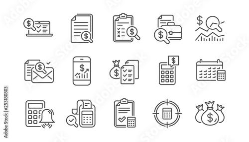 Accounting line icons. Report, Calculator and Checklist. Money linear icon set. Vector