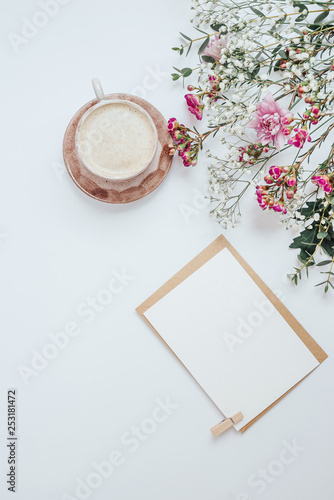 The concept of day planning. Coffee white leaf, flowers