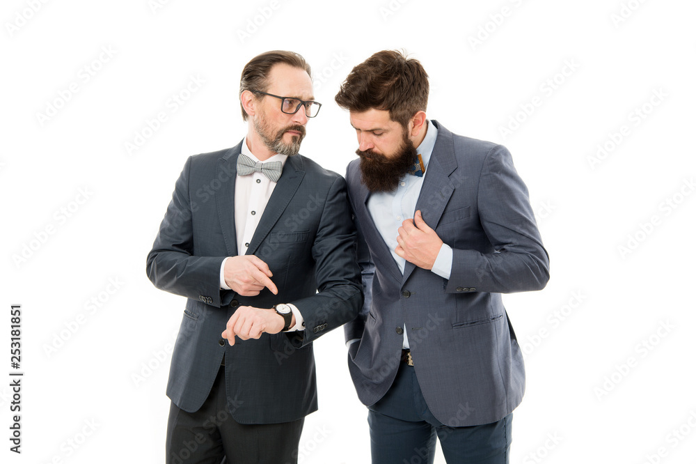 Check clock. Business people formal clothes having different opinion about time. Time management and discipline. Improve punctuality. Man mature experienced with clock care about time efficiency Check clock. Business people formal clothes having different opinion about time. Time management and discipline. Improve punctuality. Man mature experienced with clock care about time efficiency