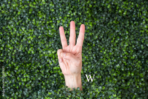 Sign Language Letter w made with hand against green plant background