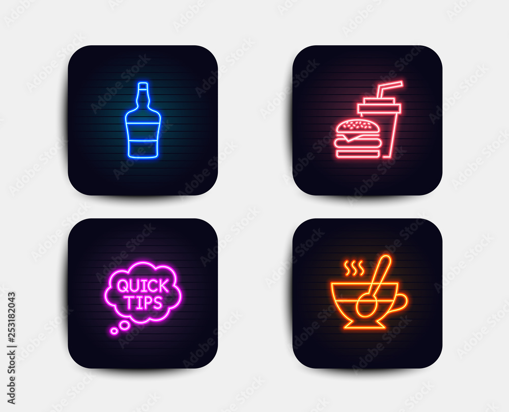 Neon glow lights. Set of Quick tips, Scotch bottle and Hamburger icons. Tea cup sign. Helpful tricks, Brandy alcohol, Burger with drink. Coffee with spoon. Neon icons. Glowing light banners. Vector Neon glow lights. Set of Quick tips, Scotch bottle and Hamburger icons. Tea cup sign. Helpful tricks, Brandy alcohol, Burger with drink. Coffee with spoon. Neon icons. Glowing light banners. Vector