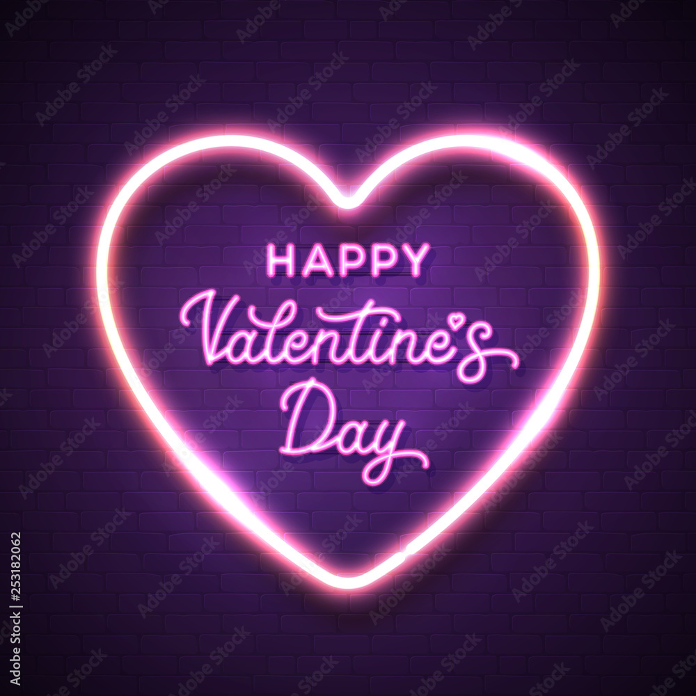 Happy Valentine's Day pink lettering inscription. Violet brick heart vector background. Hand lettering greeting card. Modern calligraphy for Valentine's Day design. Neon sign. Bright illustration.