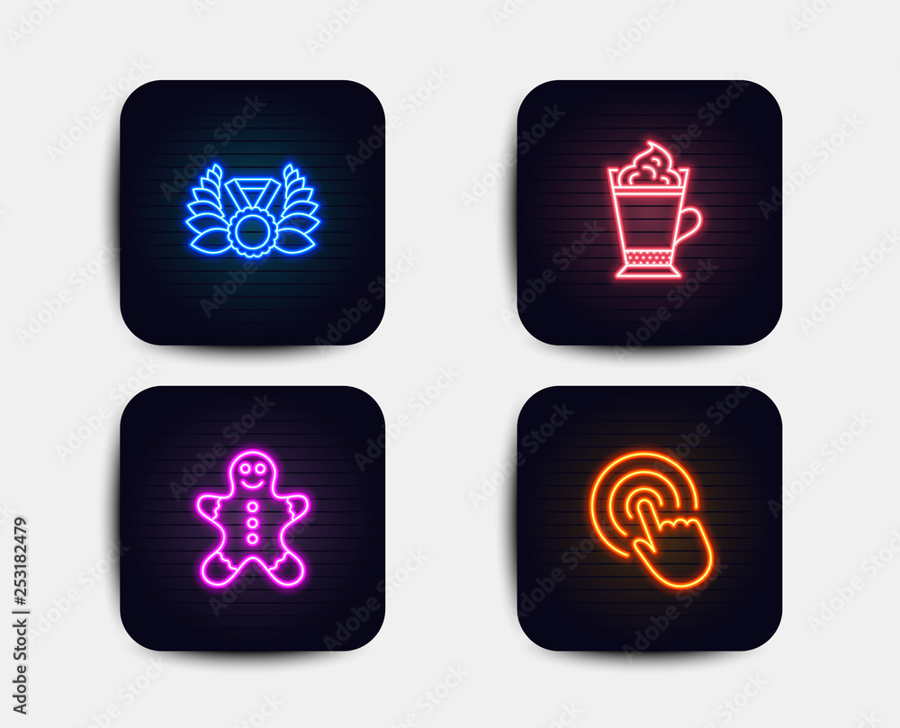 Neon glow lights. Set of Latte coffee, Laureate medal and Gingerbread man icons. Click sign. Hot drink with whipped cream, Laurel wreath, Christmas cookie. Cursor pointer. Neon icons. Vector Neon glow lights. Set of Latte coffee, Laureate medal and Gingerbread man icons. Click sign. Hot drink with whipped cream, Laurel wreath, Christmas cookie. Cursor pointer. Neon icons. Vector