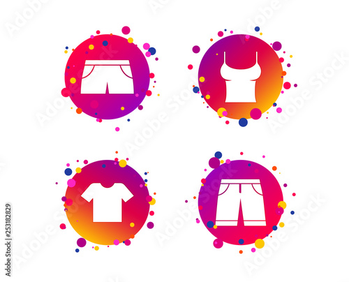 Clothes icons. T-shirt and bermuda shorts signs. Swimming trunks symbol. Gradient circle buttons with icons. Random dots design. Vector