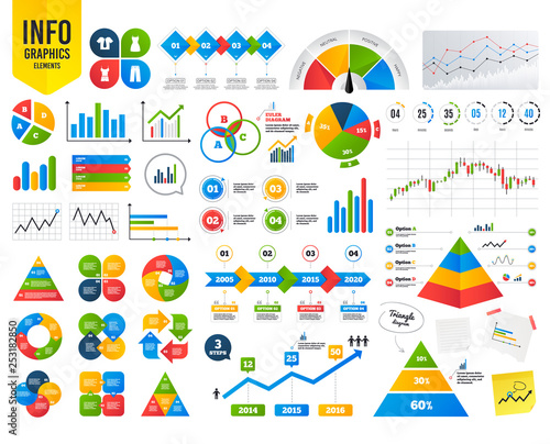 Business infographic template. Clothes icons. T-shirt with business tie and pants signs. Women dress symbol. Financial chart. Time counter. Vector