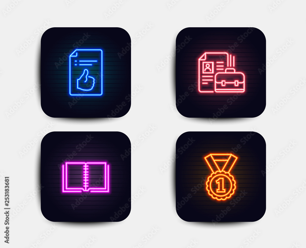 Neon set of Book, Vacancy and Approved document icons. Best rank sign. E-learning course, Hiring job, Like symbol. Success medal. Neon icons. Glowing light banners. Vector Neon set of Book, Vacancy and Approved document icons. Best rank sign. E-learning course, Hiring job, Like symbol. Success medal. Neon icons. Glowing light banners. Vector