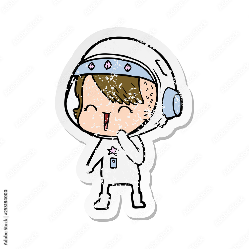 distressed sticker of a happy cartoon space girl distressed sticker of a happy cartoon space girl