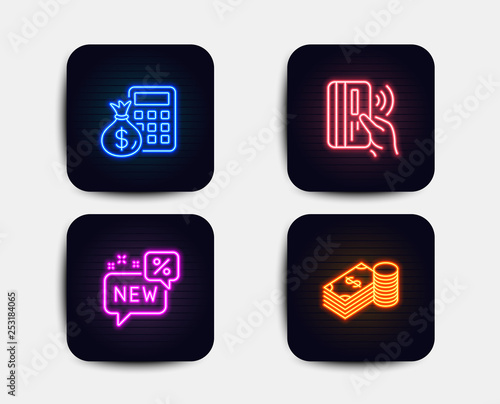 Neon glow lights. Set of New, Contactless payment and Finance calculator icons. Savings sign. Discount, Bank money, Calculate money. Finance currency. Neon icons. Glowing light banners. Vector