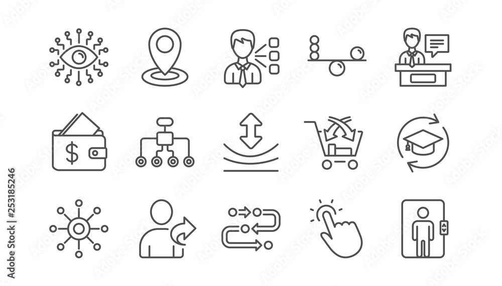 Artificial intelligence, Balance and Refer friend line icons. Timeline, Multichannel. Linear icon set.  Vector