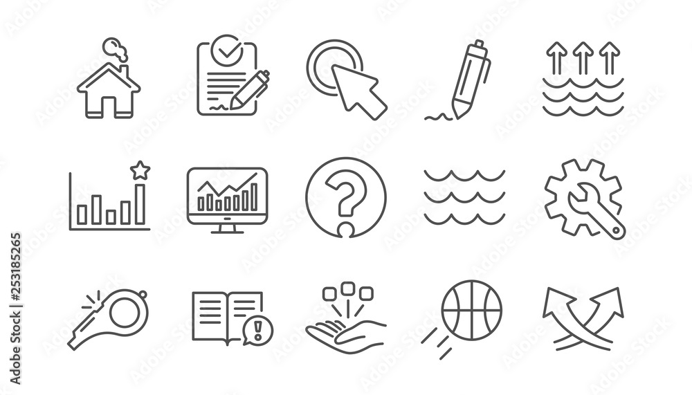 Waves, Whistle and Global warming line icons. Signature, Analytics and Question mark. Linear icon set.  Vector