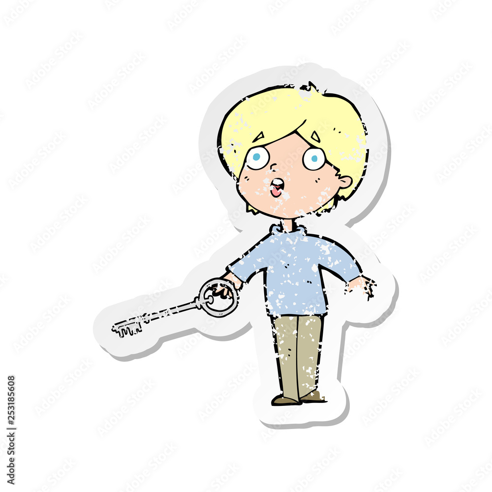 retro distressed sticker of a cartoon boy with key retro distressed sticker of a cartoon boy with key