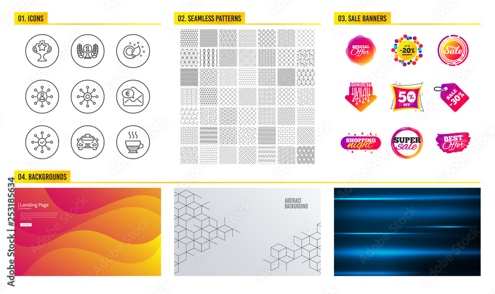 Seamless pattern. Shopping mall banners. Set of Laureate award, Taxi and Networking icons. Multichannel, Survey check and Euro money signs. Paint brush, Victory and Doppio symbols. Vector