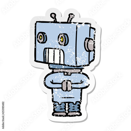 distressed sticker of a cartoon robot