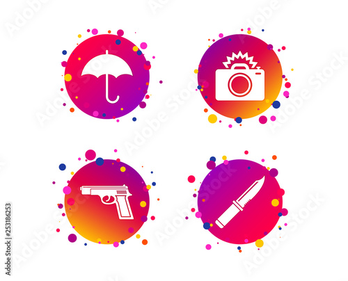 Gun weapon icon.Knife, umbrella and photo camera with flash signs. Edged hunting equipment. Prohibition objects. Gradient circle buttons with icons. Random dots design. Vector