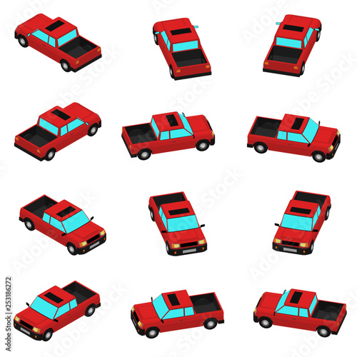 Animation of the rotation pickup truck in isometric view. Cartoon red pickup in 12 types.