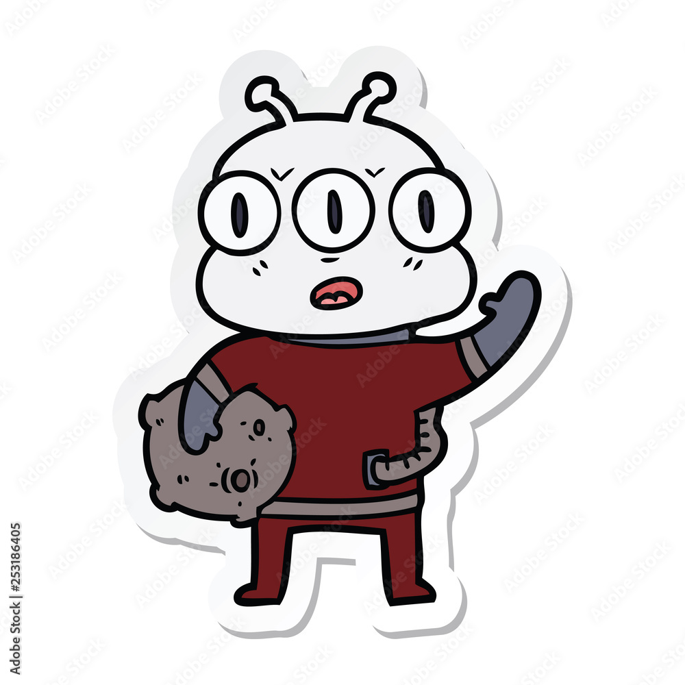 sticker of a cartoon three eyed alien waving sticker of a cartoon three eyed alien waving