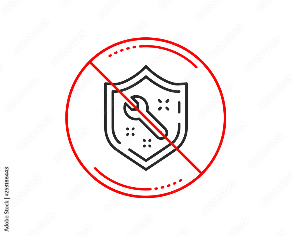 No or stop sign. Spanner tool line icon. Repair service sign. Shield protection symbol. Caution prohibited ban stop symbol. No icon design. Vector No or stop sign. Spanner tool line icon. Repair service sign. Shield protection symbol. Caution prohibited ban stop symbol. No icon design. Vector
