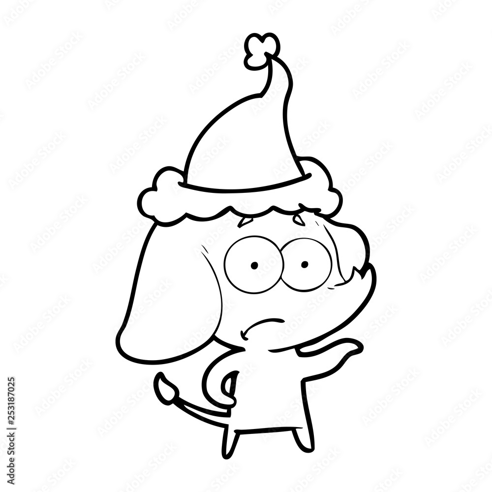 line drawing of a unsure elephant wearing santa hat