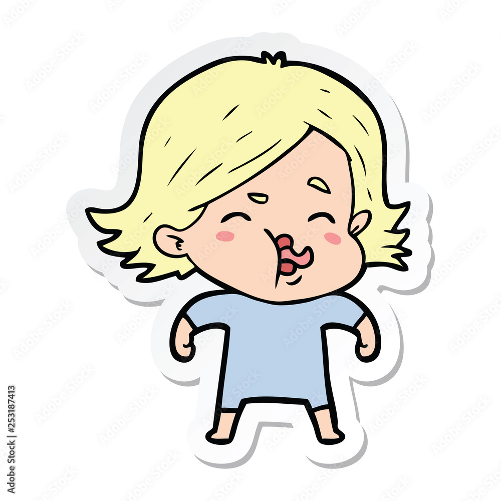 sticker of a cartoon girl pulling face sticker of a cartoon girl pulling face