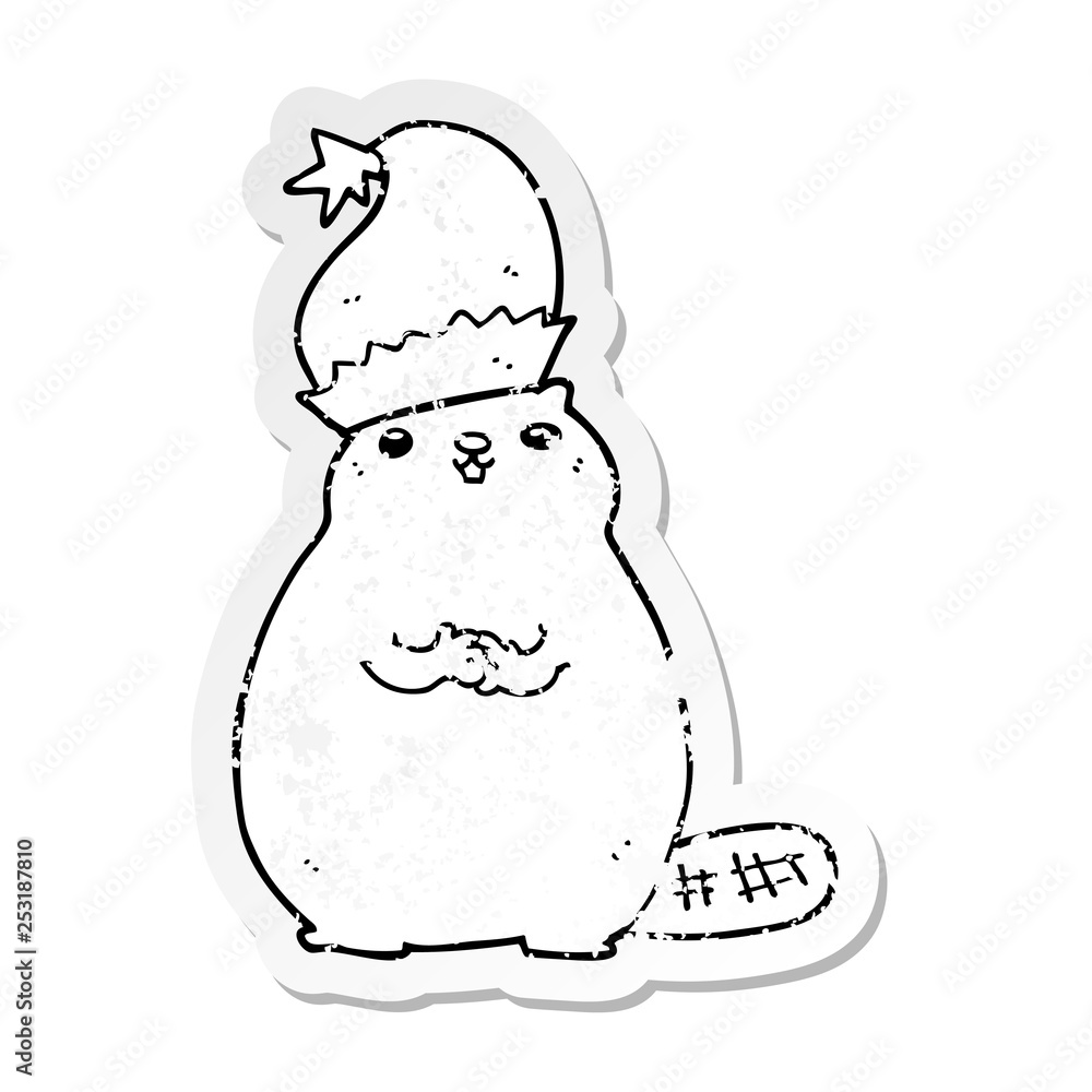 distressed sticker of a cartoon christmas beaver distressed sticker of a cartoon christmas beaver