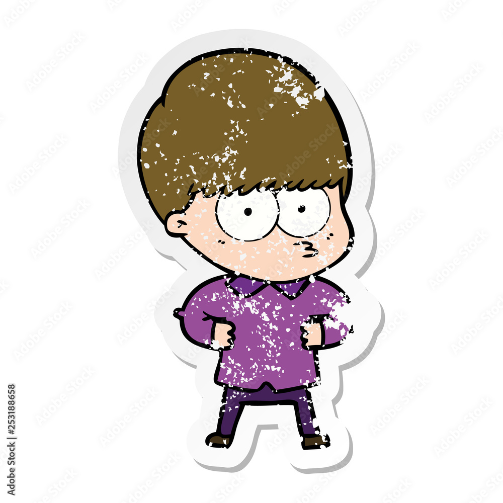 distressed sticker of a curious cartoon boy distressed sticker of a curious cartoon boy