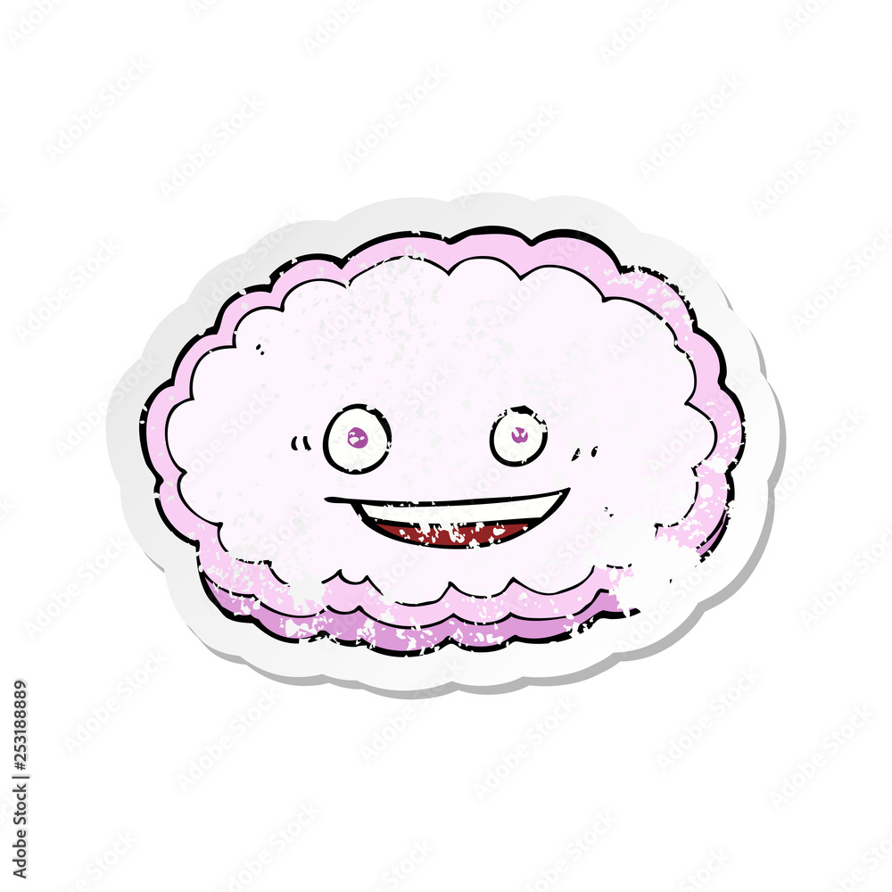 retro distressed sticker of a cartoon happy pink cloud retro distressed sticker of a cartoon happy pink cloud
