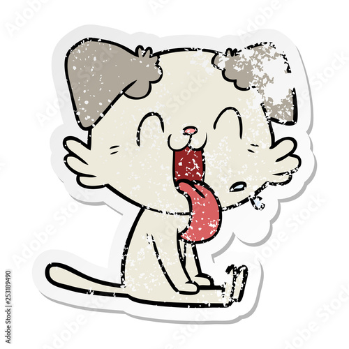 distressed sticker of a cartoon panting dog