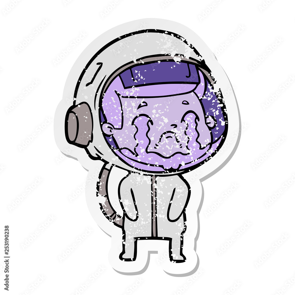 Fototapeta premium distressed sticker of a cartoon crying astronaut