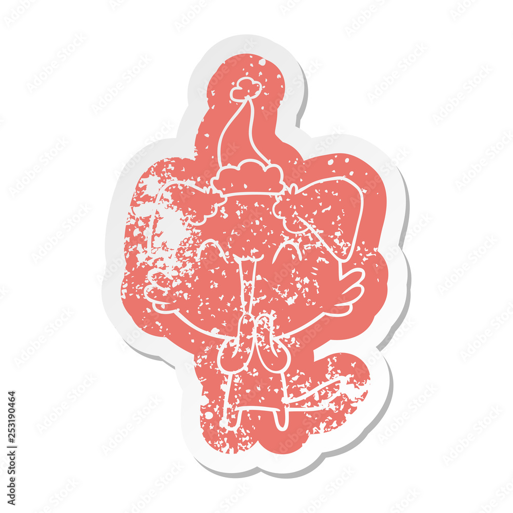 laughing little dog cartoon distressed sticker of a wearing santa hat laughing little dog cartoon distressed sticker of a wearing santa hat