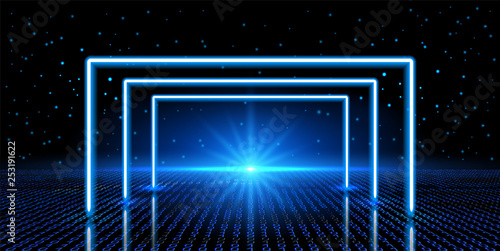 Cosmic background with fantastic hyperspace, neon arch and space portal into another dimension.Virtual reality fantastic landscape with binary code.