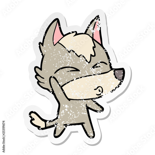 distressed sticker of a cartoon waving wolf whistling
