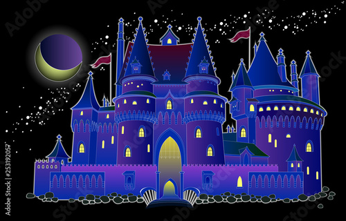 Illustration of fantasy fairyland medieval castle at night. Cover for baby fairy tale book. Modern print. Vector cartoon image.