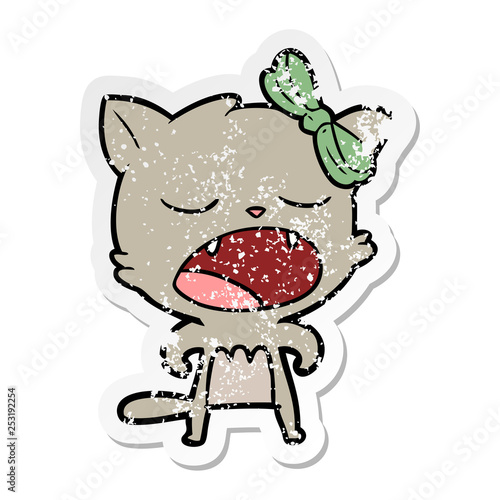distressed sticker of a cartoon cat meowing