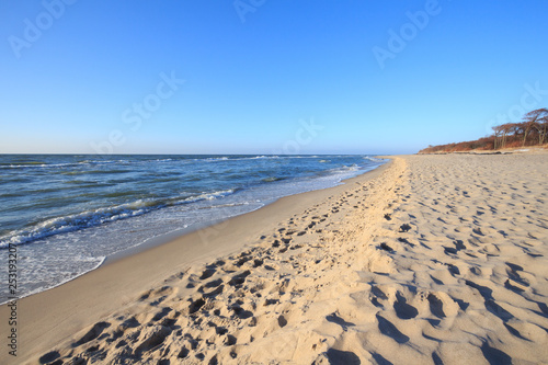 seashore with sandy beach in spring with melted snow