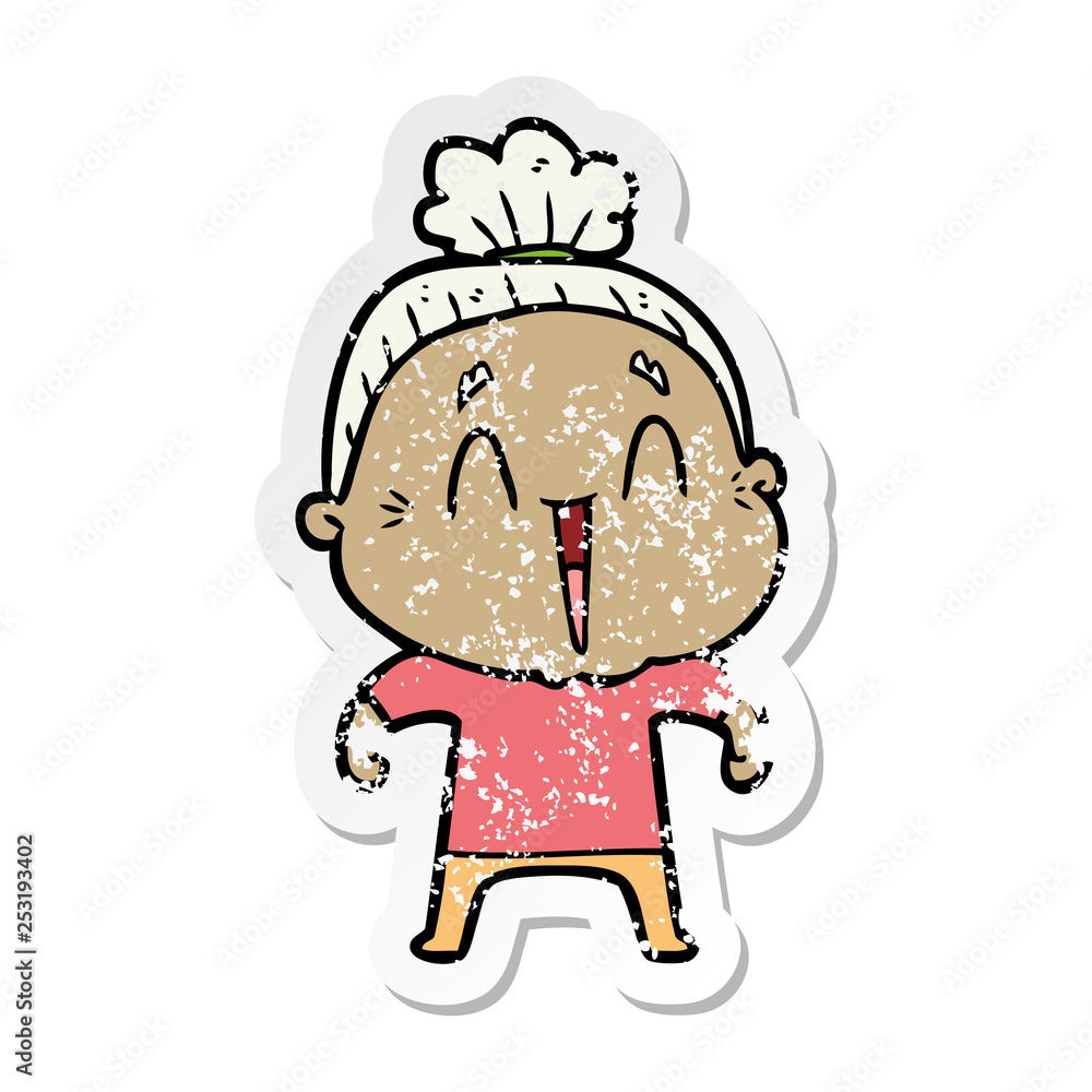 distressed sticker of a cartoon happy old lady distressed sticker of a cartoon happy old lady