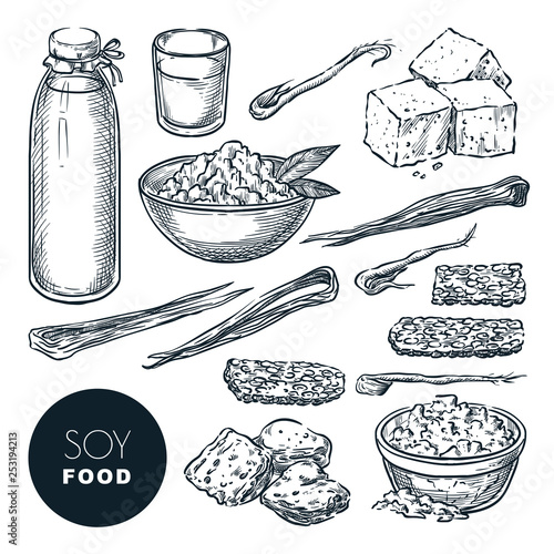 Soy food vegetarian products sketch vector illustration. Soy milk, tofu, sprouts, meat. Hand drawn design elements